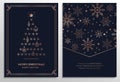 Luxury Christmas cards set. Elegant New year templates with rose gold geometric elements and navy blue background Royalty Free Stock Photo