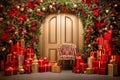 Luxury Christmas Doors With Presents. Holiday Welcome. Presents, Christmas Trees Holly and Garlands. Generative AI Royalty Free Stock Photo