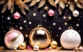 Luxury Christmas and New Year Christmas tree balls on dark background with gold elements with place for text Royalty Free Stock Photo