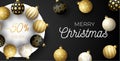 Luxury Christmas sale horizontal banner. Christmas card with ornate black, gold and white realistic balls on white circle and