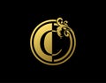 Luxury Circle C Letter Floral Logo. Vintage Gold C Swirl Logo Icon