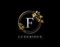 Luxury Circle F Letter Floral Design. Elegant Gold F Royal Logo Icon Royalty Free Stock Photo