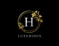 Luxury Circle H Letter Floral Design. Elegant Gold H Royal Logo Icon Royalty Free Stock Photo