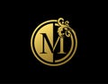 Luxury Circle M Letter Floral Logo. Vintage Gold M Swirl Logo Icon