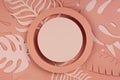 Luxury circle podium with palm leaves and frames on coral background