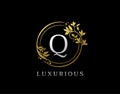 Luxury Circle Q Letter Floral Design. Elegant Gold Q Royal Logo Icon Royalty Free Stock Photo