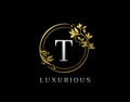 Luxury Circle T Letter Floral Design. Elegant Gold T Royal Logo Icon Royalty Free Stock Photo