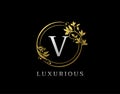 Luxury Circle V Letter Floral Design. Elegant Gold V Royal Logo Icon