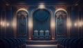 Luxury classic blue velvet stage with golden curtains, columns and armchairs. 3d render