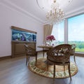 Luxury classic interior of dining room, kitchen and living room with brown furniture and crystal chandeliers