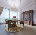 Luxury classic interior of dining room, kitchen and living room with brown furniture and crystal chandeliers Royalty Free Stock Photo