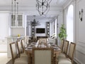 Luxury classic interior of dining room, kitchen and living room with white and brown furniture and metal chandeliers Royalty Free Stock Photo