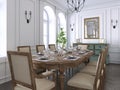 Luxury classic interior of dining room, kitchen and living room with white and brown furniture and metal chandeliers