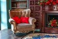 Luxury classic interior of home library. Sitting room with bookshelf, books, arm chair, sofa and fireplace. Clean and modern Royalty Free Stock Photo