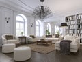 Luxury classic interior of living room and dining room with white furniture and metal chandeliers