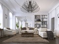 Luxury classic interior of living room and dining room with white furniture and metal chandeliers Royalty Free Stock Photo