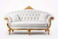 Luxury classic white and gold leather capitone buttoned sofa with two pillows, isolated on white