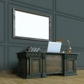 Luxury classic wooden office cabinet with mock up poster. Perspective view version. 3d render