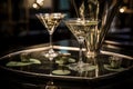 Luxury cocktail shaker and martini glasses on mirrored tray. Generative AI Royalty Free Stock Photo