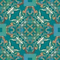 Luxury colorful Baroque vector seamless pattern. Greek key meanders square frames. Abstract floral turquoise Damask Royalty Free Stock Photo