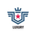 Luxury - concept business logo design. Abstract shield with wings, crown, star. Protection sign. Vector illustration.