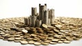 Luxury Concept: Silver Castle on Gold Coins Ai generated