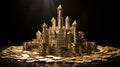 Luxury Concept: Silver Castle on Gold Coins Ai generated