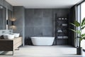 Luxury concrete and wooden bathroom interior with various objects.