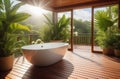 luxury contemporary bath tub on a wooden deck, outdoor house or villa terrace in tropics Royalty Free Stock Photo