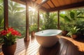 luxury contemporary bath tub on a wooden deck, outdoor house or villa terrace in tropics Royalty Free Stock Photo