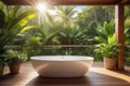 luxury contemporary bath tub on a wooden deck, outdoor house or villa terrace in tropics Royalty Free Stock Photo