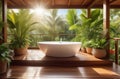 luxury contemporary bath tub on a wooden deck, outdoor house or villa terrace in tropics Royalty Free Stock Photo