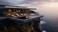 Luxury contemporaty villa on a mountain hill with a view on ocean. Generative AI Royalty Free Stock Photo