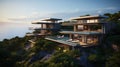 Luxury contemporaty villa on a mountain hill with a view on ocean. Generative AI