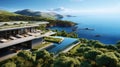 Luxury contemporaty villa on a mountain hill with a view on ocean. Generative AI