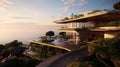 Luxury contemporaty villa on a mountain hill with a view on ocean. Generative AI Royalty Free Stock Photo