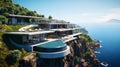 Luxury contemporaty villa on a mountain hill with a view on ocean. Generative AI Royalty Free Stock Photo