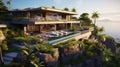 Luxury contemporaty villa on a mountain hill with a view on ocean. Generative AI Royalty Free Stock Photo