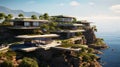 Luxury contemporaty villa on a mountain hill with a view on ocean. Generative AI