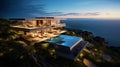 Luxury contemporaty villa on a mountain hill with a view on ocean. Generative AI