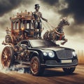 Carriage conversion british luxury sedan limo, pulled by strong running horses, speed, deserted road