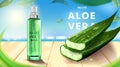 Luxury cosmetic Bottle package skin care cream, Beauty cosmetic product poster, with Aloe vera and wooden floor on beach backgroun