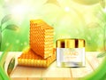 Luxury cosmetic Bottle package skin care cream, Beauty cosmetic product poster, with Honeycomb on Wooden floor and leaves in fores