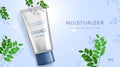 Luxury cosmetic Bottle package skin care cream, Beauty cosmetic product poster, with leaves shadow on wall and blue color backgrou