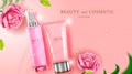 Luxury cosmetic Bottle package skin care cream, Beauty cosmetic product poster, with pink flowers on pink color background