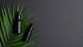Luxury cosmetic bottles on palm leaf on black background. Top view with copy space. Black aromatic oil containers mockup, natural