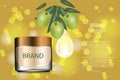 Luxury cosmetic cream jar on bokeh background with green olives and Collagen serum drop.