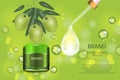 Luxury cosmetic cream jar on bokeh background with green olives and Collagen serum drop.