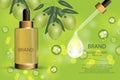 Luxury cosmetic moisturizing spray on bokeh background with green olives and Collagen serum drop.