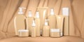 Luxury cosmetic products in beige package tubes and bottles on beige background